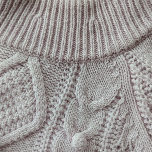J. Crew Cable Knit Pom Pom Women's Lilac Azra Knit Lambswool Fisherman Sweater L - Picture 10 of 12